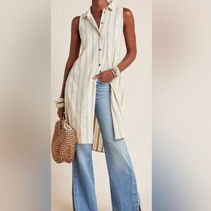 Anthropologie tan striped button down tunic Size XS